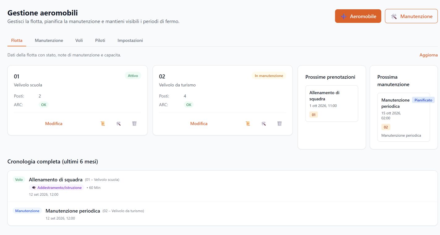 Gestione velivoli · Orgazee. Consulta aeromobili, prenotazioni e manutenzioni insieme allo storico delle attività.