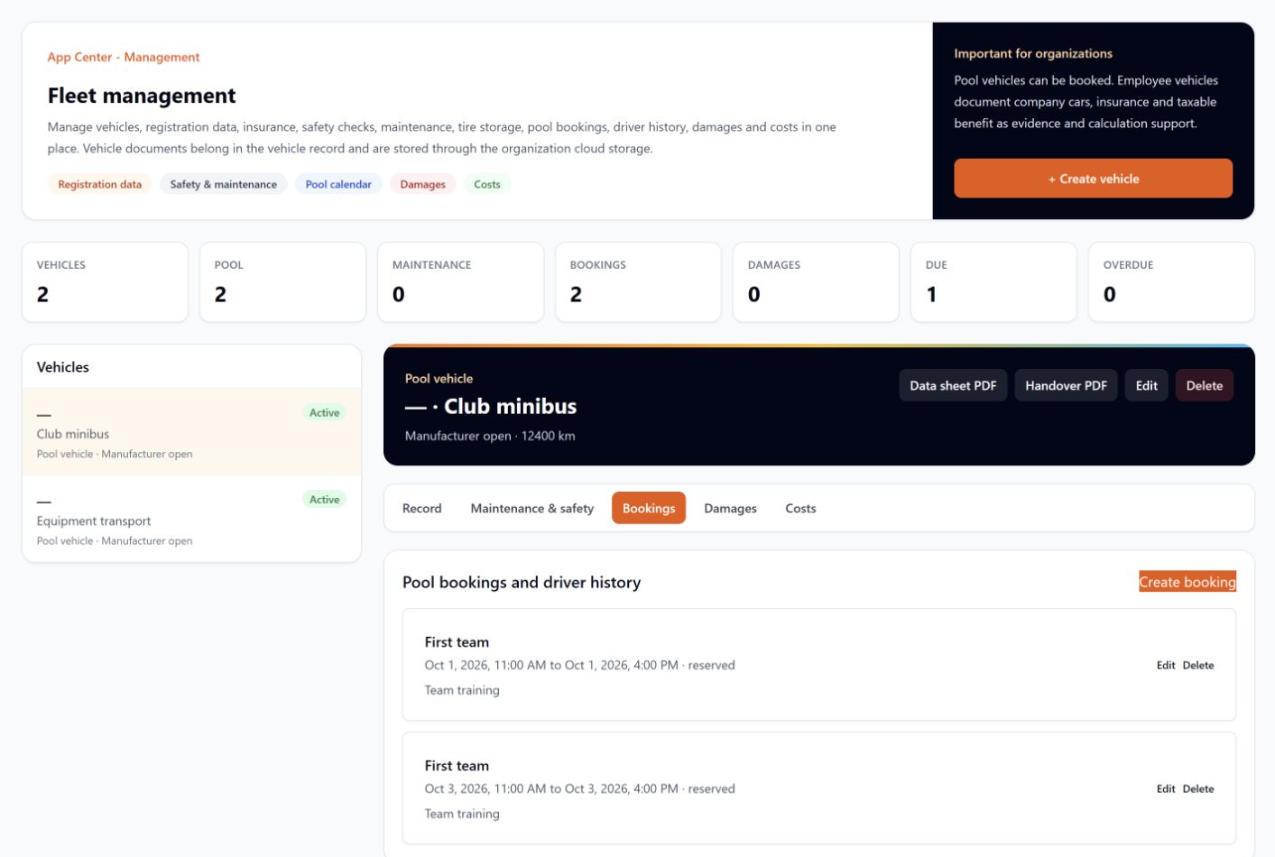 Fleet management · Orgazee. Select a vehicle and review planned journeys, dates and purposes.