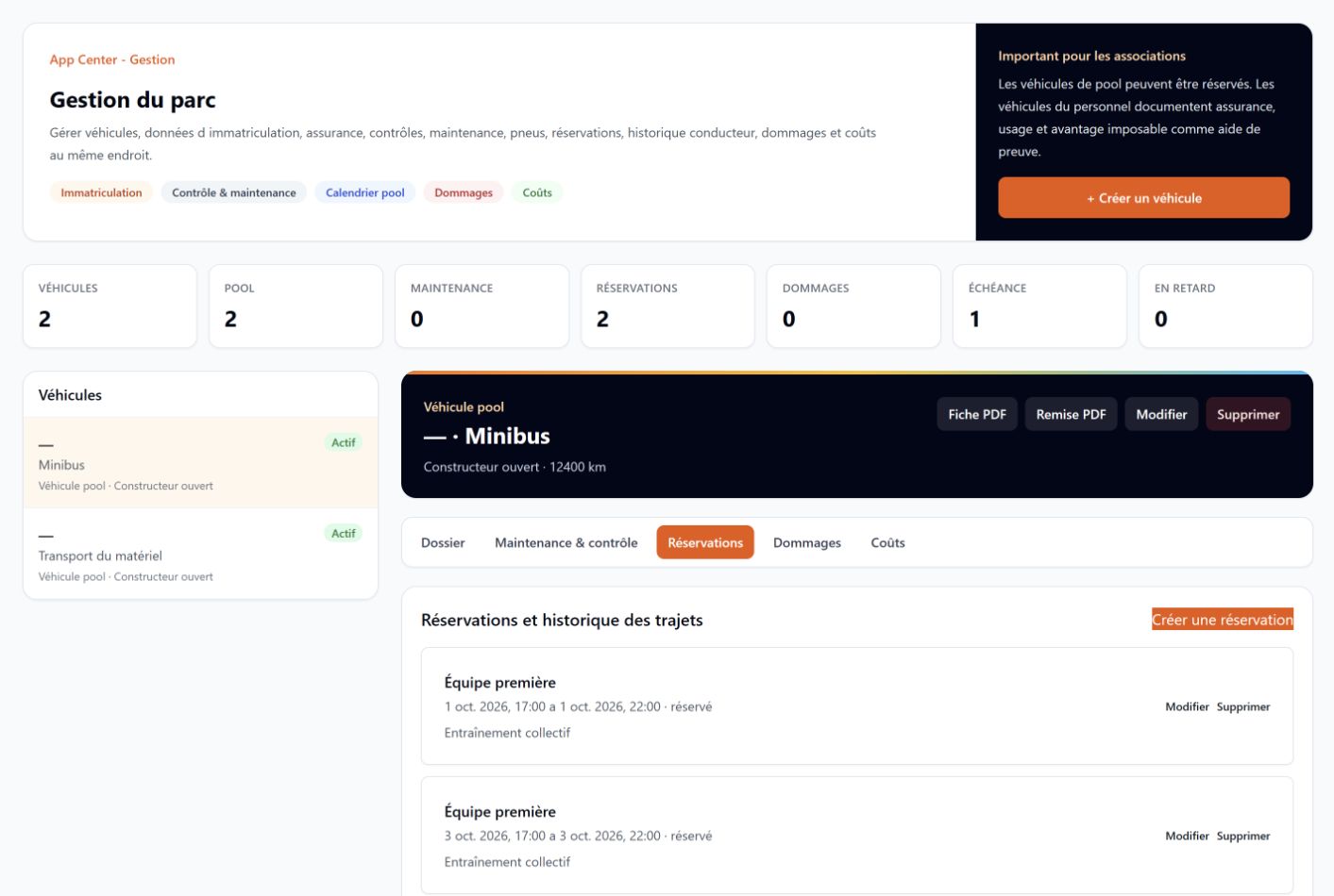 Gestion de flotte · Orgazee. Sélectionnez un véhicule et consultez les trajets prévus, leurs dates et leur objet.