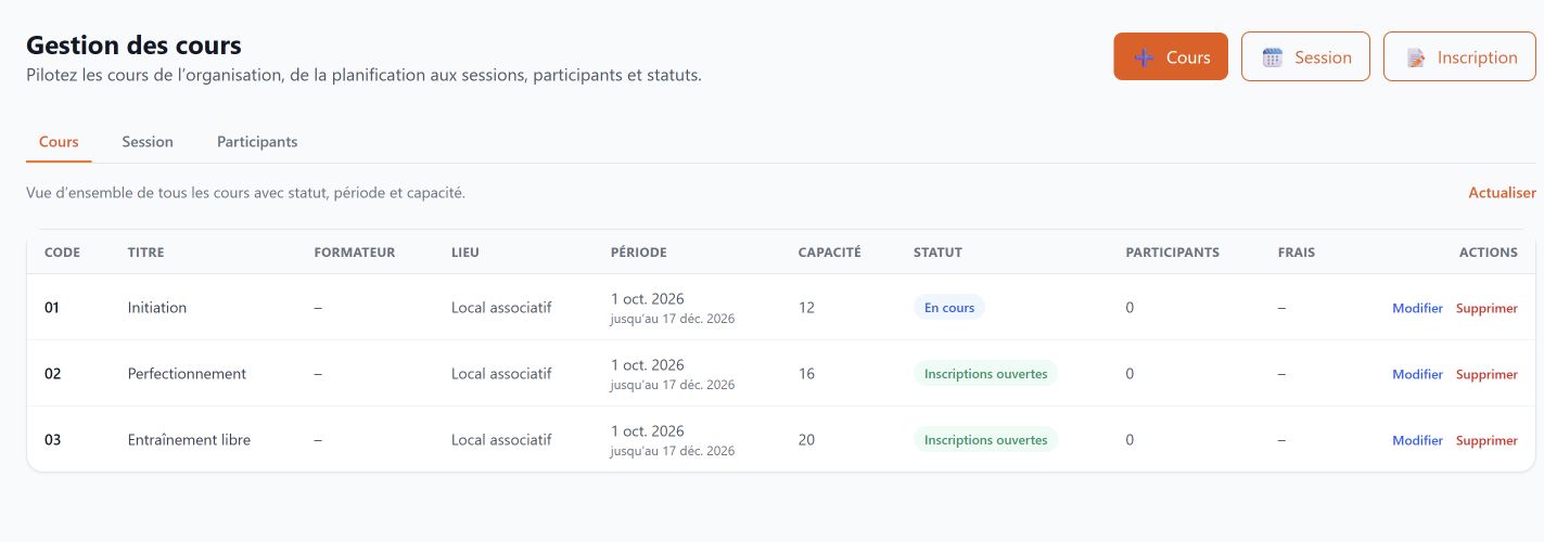 Cours · Orgazee. Consultez les cours selon leurs dates, capacités et statuts d’inscription.