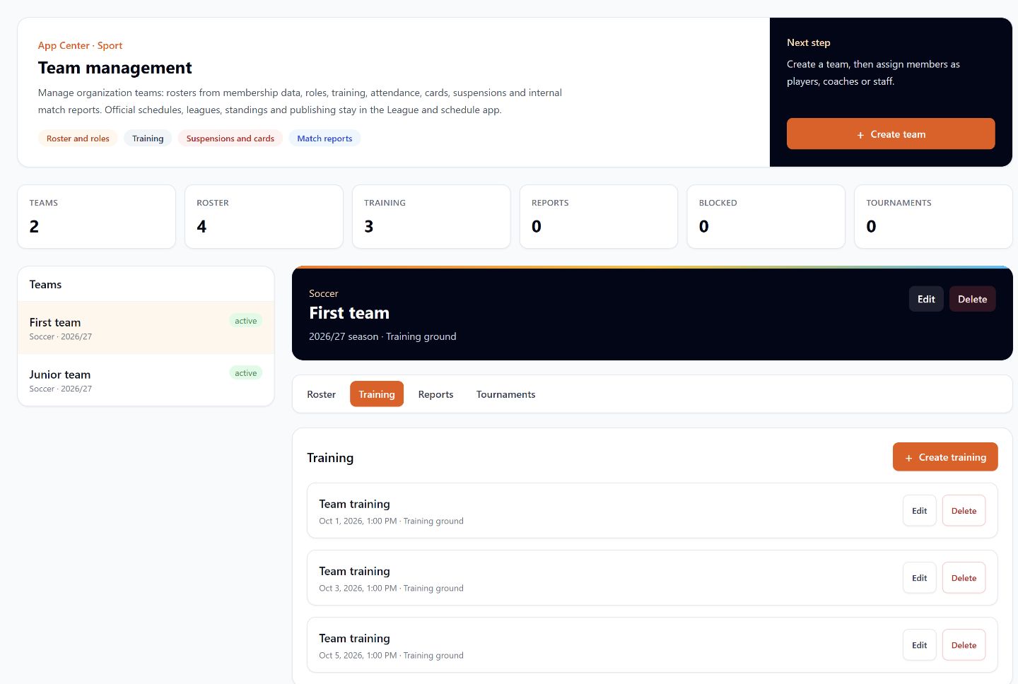 Team management · Orgazee. Keep teams, squads and training dates together.