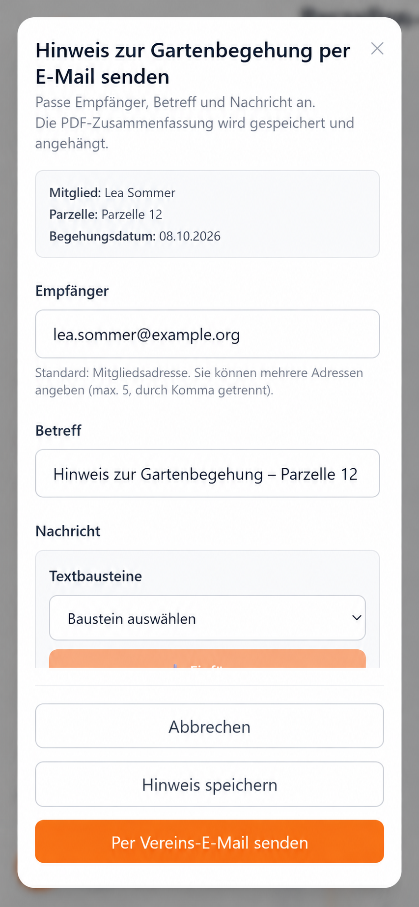 Mobile Orgazee screen for sending a prepared plot inspection notice with fictional data