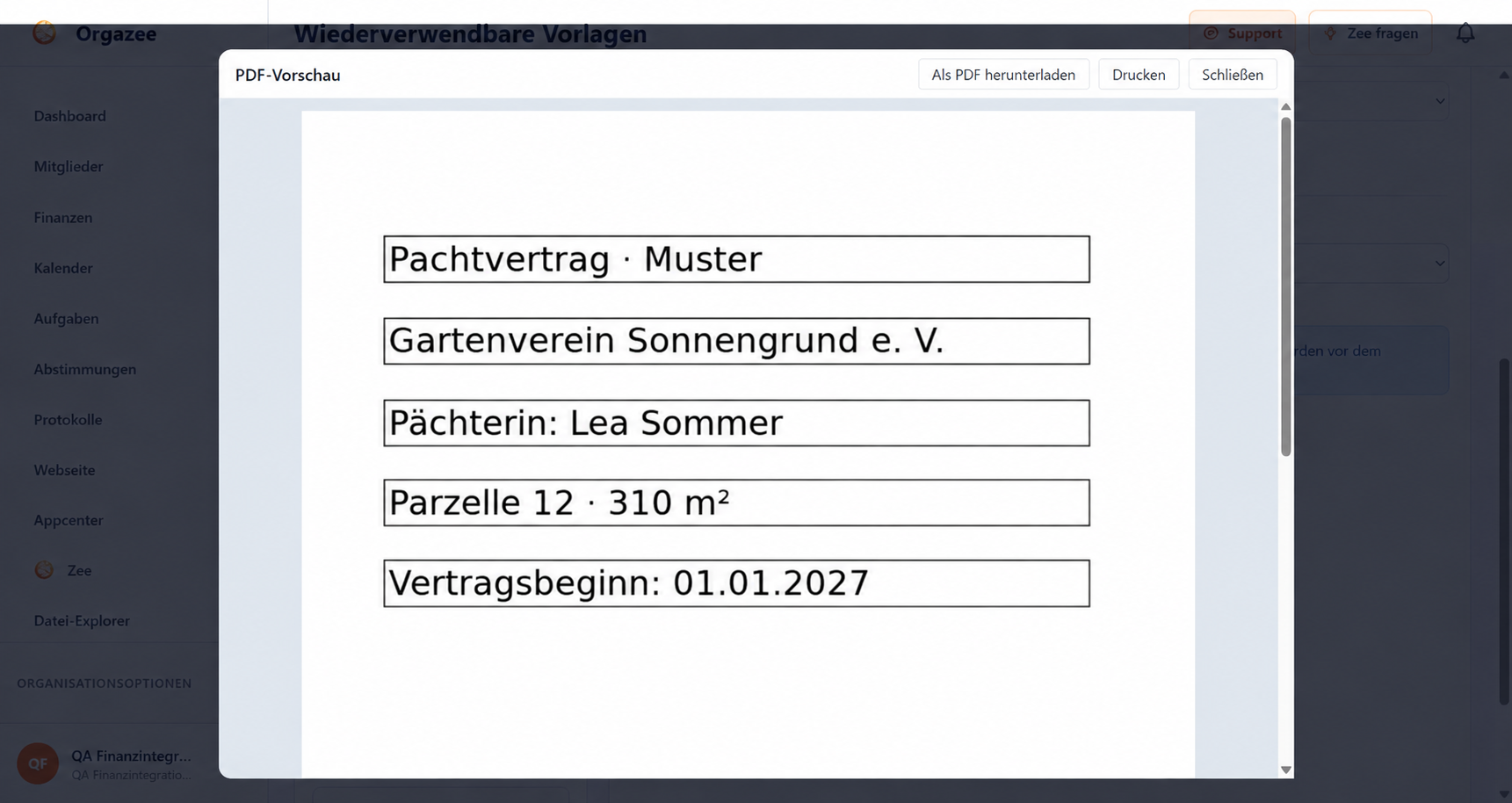 Orgazee PDF preview of a plot lease document with fictional example data