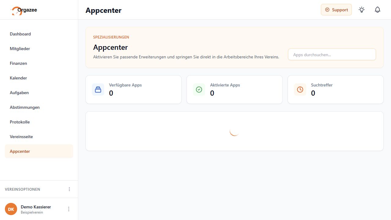 Orgazee App Center mit aktivierbarer Gerätewartung und Inventarverwaltung