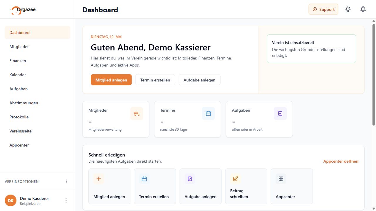 Orgazee Dashboard mit Vereinsübersicht, Aufgaben und Terminen