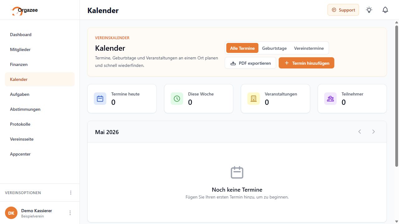 Orgazee Kalender für Termine und Vereinsplanung