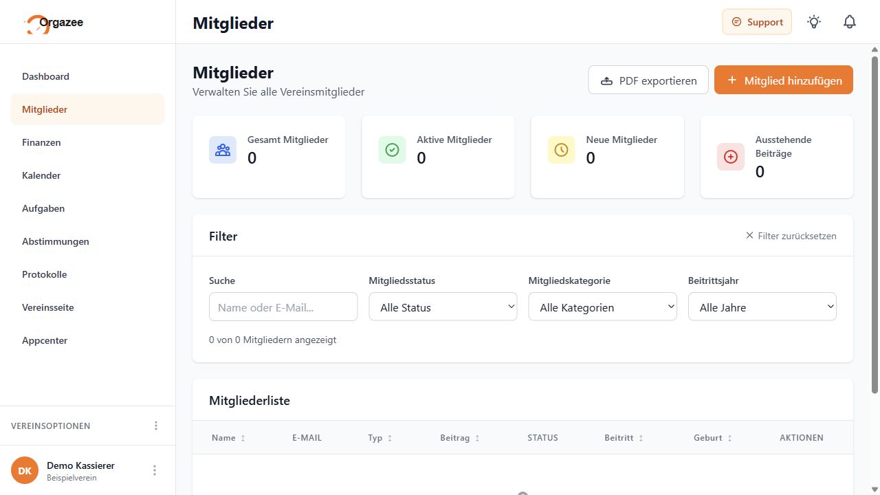 Orgazee Mitgliederverwaltung mit Filter und Mitgliederliste