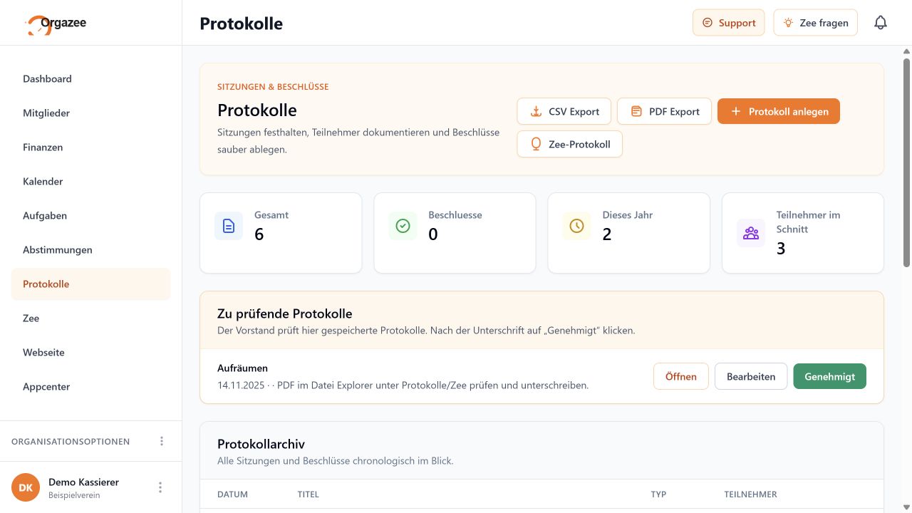 Vereinssoftware Orgazee mit ZEE-Unterstützung im Protokollbereich